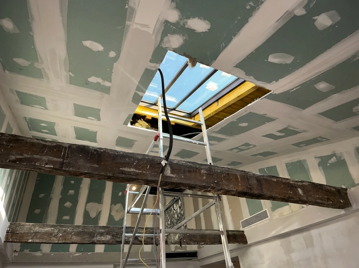 Ouvrier en équipement de sécurité effectue des travaux de maintenance sur cheminée en briques rouges, positionné sur toiture métallique grise via échelle