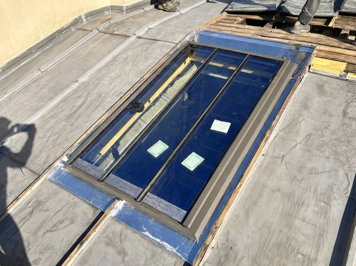 Chantier extérieur de rénovation toiture avec installation de fenêtres de toit