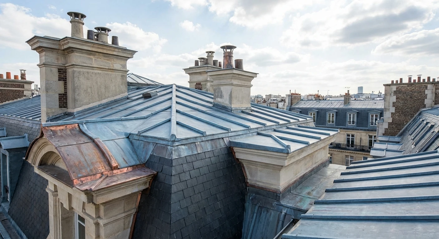 Ext&eacute;rieur, vue en contre-plong&eacute;e d'une toiture pyramidale en ardoises avec charpente apparente et girouette d&eacute;corative au sommet
