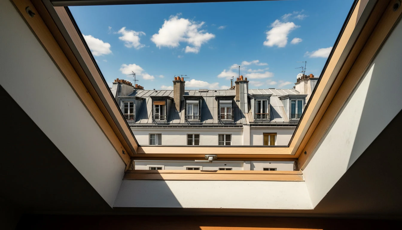 Chantier de toiture extérieur avec ouvriers installant une fenêtre de toit