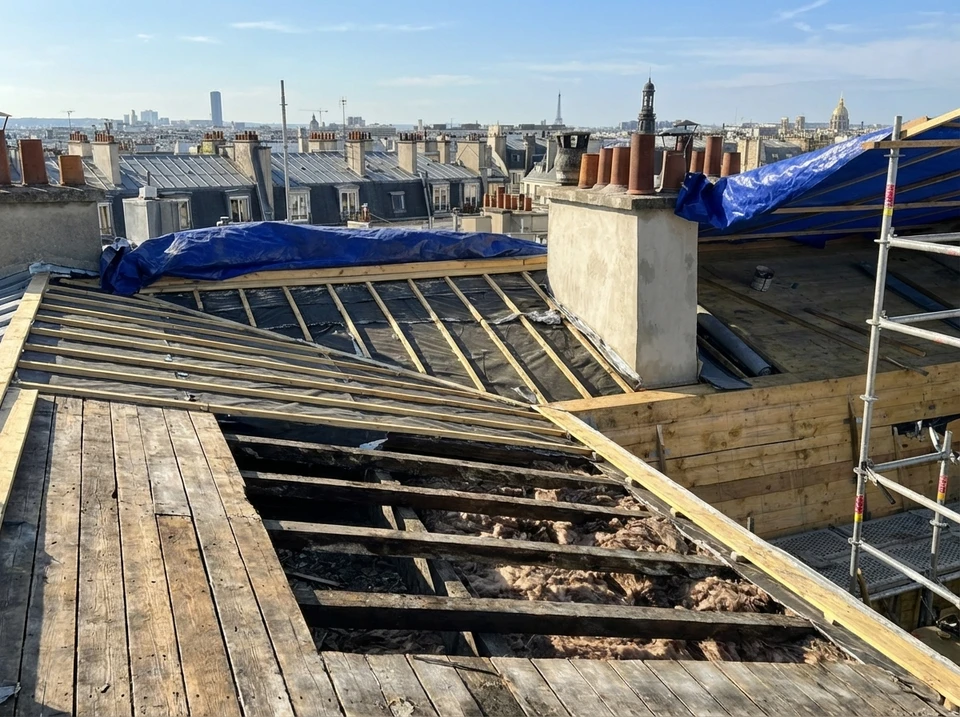 Ouvrier en combinaison rouge et casque orange installant de l'isolant thermique dans les combles d'une habitation