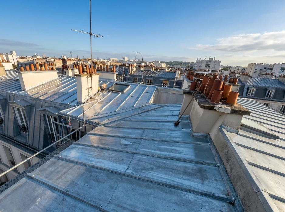 Professionnel du bâtiment debout sur cheminée en maçonnerie effectuant travaux d'entretien ou réparation